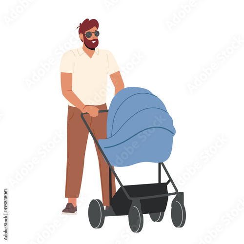 Young Dad and Little Baby in Stroller Walk Together. Dad on Maternity Leave, Single Father, Man Walking With Carriage