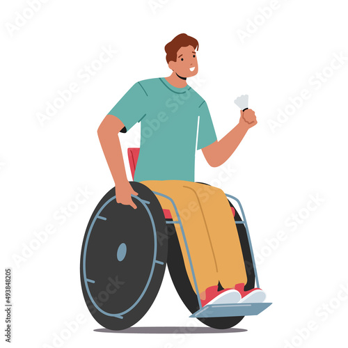 Paralympic Athlete, Badminton Player Sitting on Wheelchair with Shuttlecock in Hand, Disabled Sportsman Wear Uniform