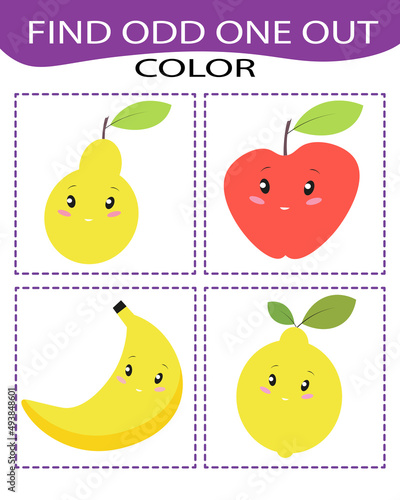 Find odd one out - game for kids to study colors  fruit and vegetables and develop logic. Printable worksheet. Educational game for children  kids preschool age.