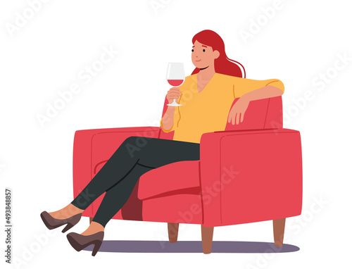 Young Cheerful Woman Drink Alcohol at Home or Bar. Female Character Sit on Armchair Holding Wineglass in Hand