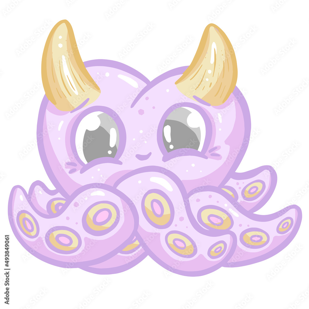 Obraz premium Octopus Cute Kawaii Cartoon Creature With Horns and Tentacles