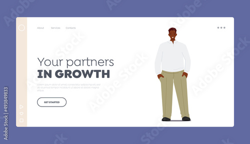 Business Man Landing Page Template. Young Positive African Fashioned Single Male Character Wear White Shirt and Trousers
