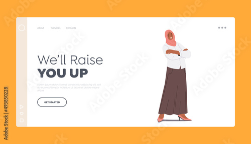 Arabic Business Woman with Crossed Arms Landing Page Template. Arabian Female Character Dressed in Traditional Hijab