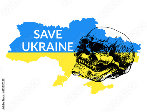 644_Ukrainian conceptual illustration, text save Ukraine, blue-yellow Ukrainian flag, for peace, save from Russia, black outline skull, country silhouette,