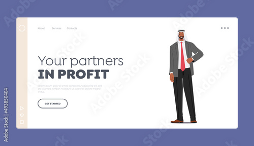 Your Partners in Profit Landing Page Template. Arab Business Man in Traditional Headwear and Formal Clothes, Businessman