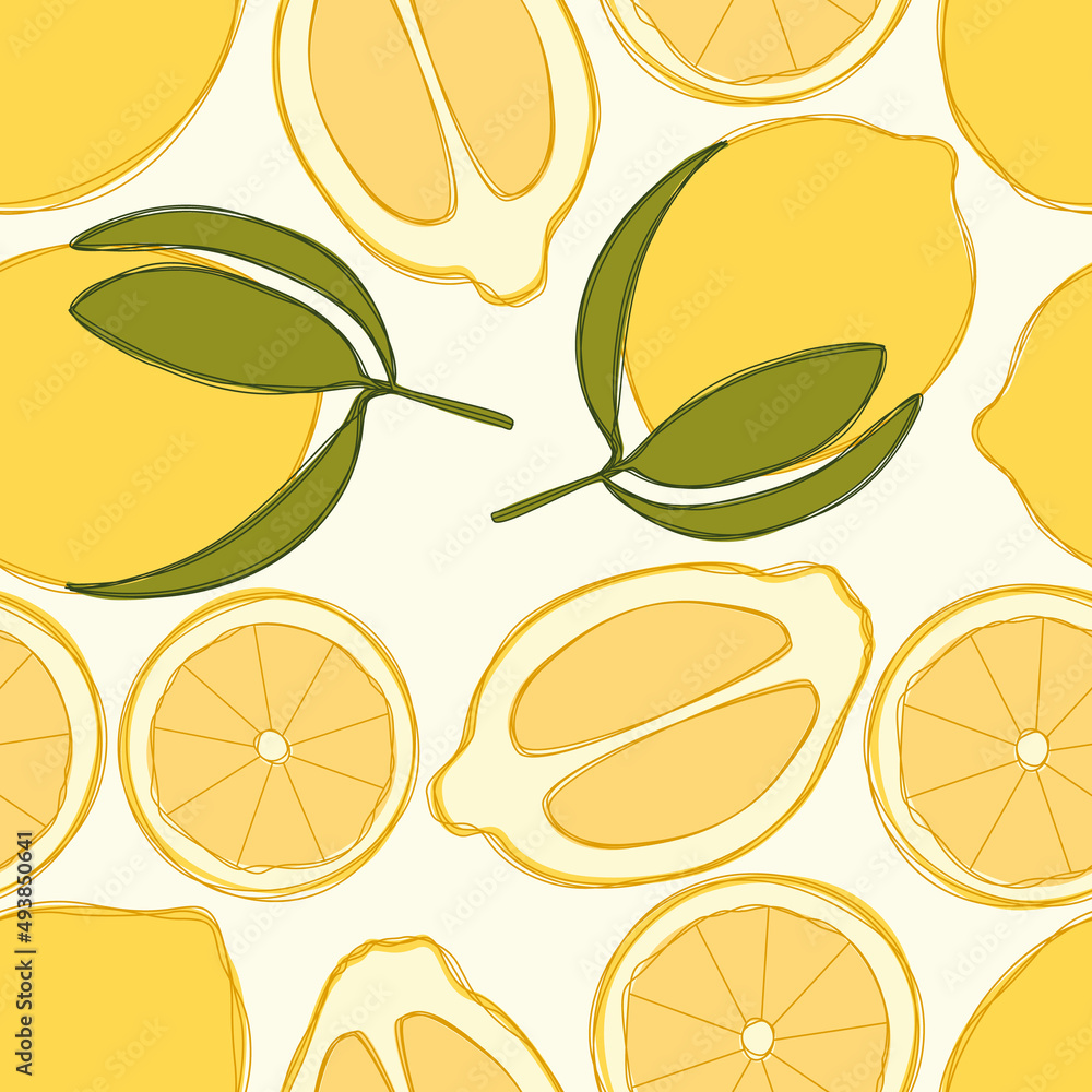 Lemon repeat pattern design. Hand-drawn background. citrus pattern for wrapping paper or fabric.