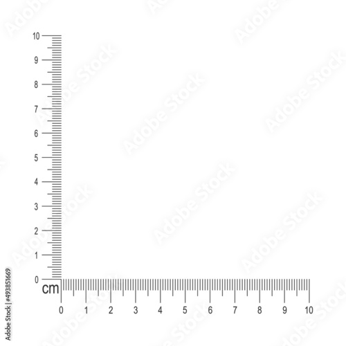 10 cm corner ruler. Measuring tool template with vertical and horizontal lines with centimeters and millimeters markup and numbers. Vector graphic illustration isolated on white background