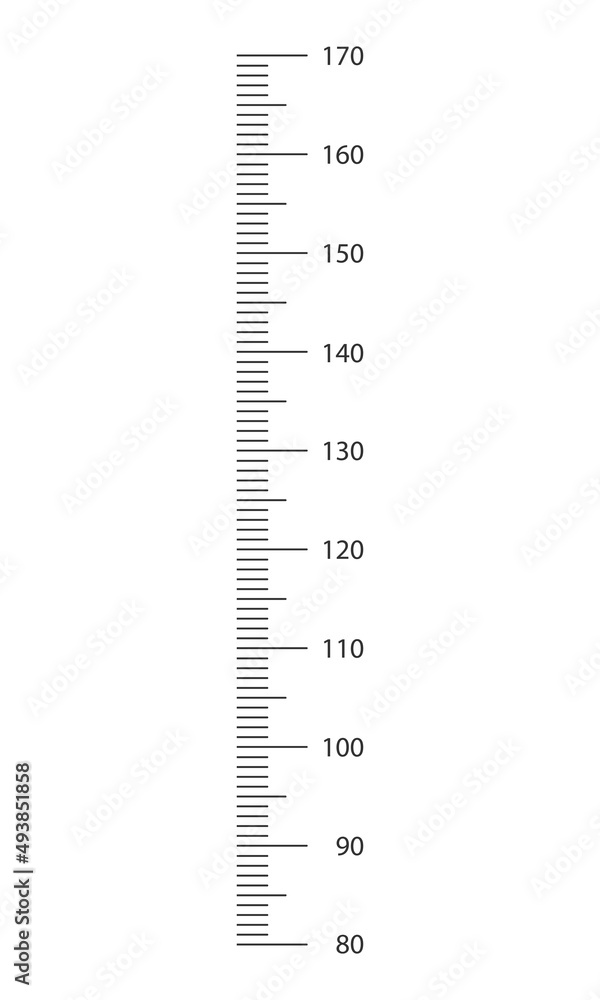 Stadiometer scale from 80 to 170 cm with markup and numbers. Kids height chart template for wall growth sticker isolated on white background. Vector graphic illustration Stadiometer scale from 80 to 170 cm with markup and numbers. Kids height chart template for wall growth sticker isolated on white background. Vector graphic illustration