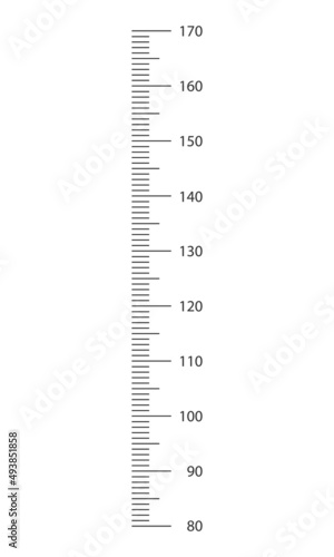 Stadiometer scale from 80 to 170 cm with markup and numbers. Kids height chart template for wall growth sticker isolated on white background. Vector graphic illustration