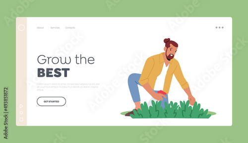 Male Character Enjoying Plants Gardening Landing Page Template. Man Gardener or Florist Working in Botanical Garden