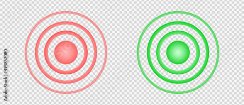 Concentric red and green signs. Pain and healing points. Hurt and painkilling symbols. Round localization icons. Radar, sound or sonar wave isolated on transparent background. Vector illustration
