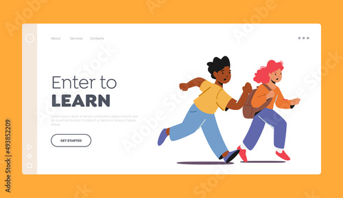 Children Characters Having Fun Landing Page Template. Happy Pupils African Boy and Caucasian Girl with Rucksack Run