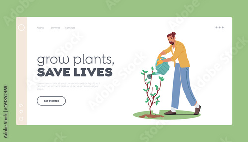 Gardening Works Landing Page Template. Gardener or Farmer Male Character Working in Garden Watering Trees and Plants