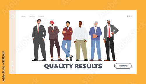 Diverse Business Men Stand in Row Landing Page Template. Confident Male Character Caucasian, African, Indian or Pakistan