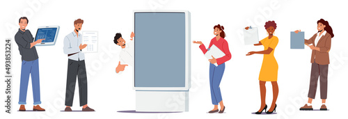 Happy People Pointing With Fingers, Show and Introducing Product with Hand Gesture. Presenters Characters With Devices