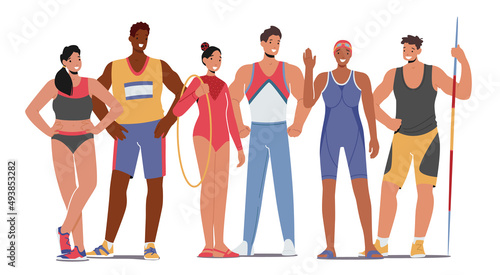 Athletes Male and Female Characters Stand in Row. Runner, Basketball Player, Weightlifter, Swimmer, Javelin Thrower