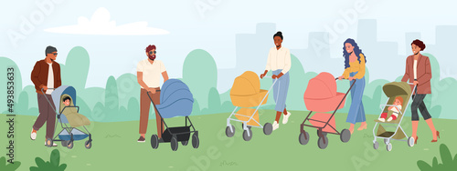 Parents Walk with Babies in Strollers at Summer City Park. Maternity and Paternity Concept. Young Moms and Dads Walk