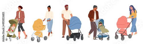 Young Parents Walk with Carriages. Mothers and Fathers Push Prams with Newborn or Toddler Babies Isolated on White