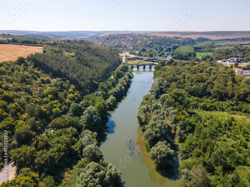 Aerial view of Yantra River, passing near the town of Byala, Bulgaria
