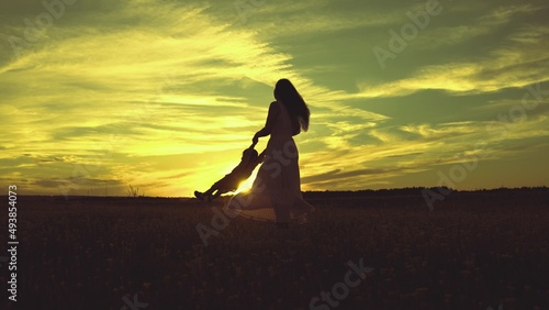 cheerful mother circling little child park sunset. happy family life. travel mom daughter girl sunlight sky. kid baby with parent happy family. silhouette pilot's childhood dream. flying kid air.