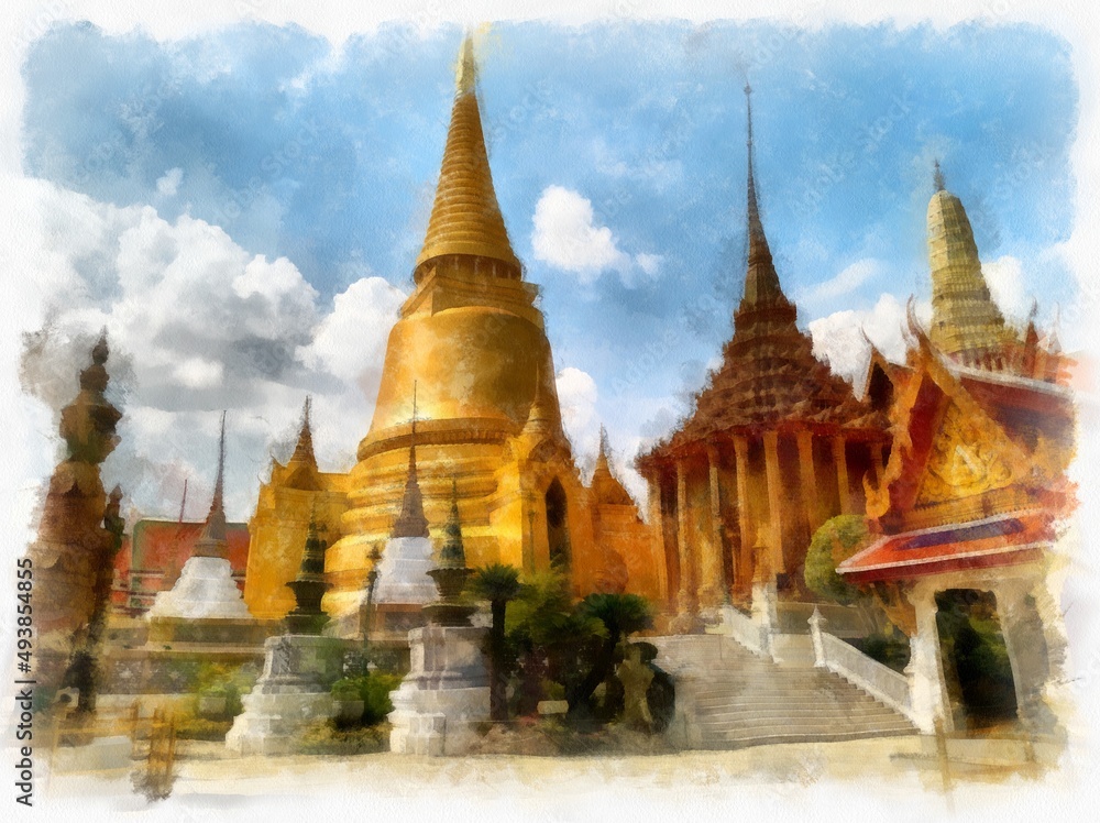 Fototapeta premium Landscape of the Grand Palace ancient Thai architecture in Bangkok Thailand watercolor style illustration impressionist painting.
