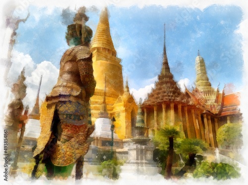 andscape of the Grand Palace ancient Thai architecture in Bangkok Thailand watercolor style illustration impressionist painting. © Kittipong