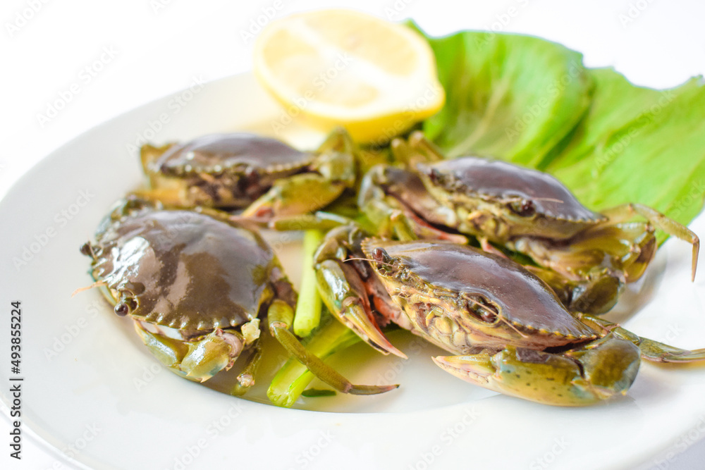 Green crab, oranges and vegetables on a white plate ready to be cooked Green crab, oranges and vegetables on a white plate ready to be cooked