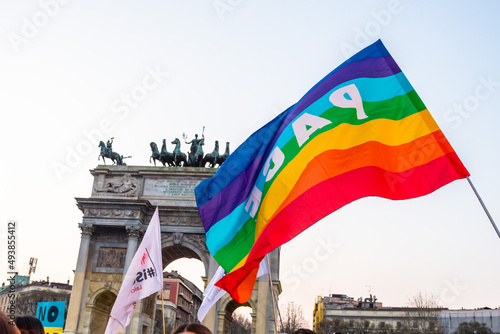 Milan, Italy - 03 19 2022: Protest against Ukraine invasion at Peace Arch