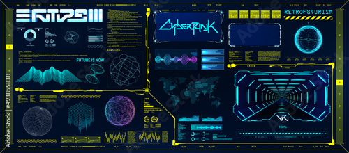 Retro wave cyberpunk with HUD interface elements and 3D shapes. Retrofuturistic digital set 80s and 90s. Trendy 2022 shapes with Futuristic HUD interface in concept Cyberpunk. Futuristic tech set