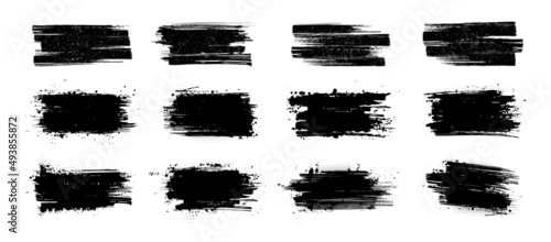 Detailed Ink brushstroke and paintbrush stencil template with splashes. Grunge set black ink brush stroke for text or backdrop. Artistic dirty design elements with drops blots. Vector grunge ink box