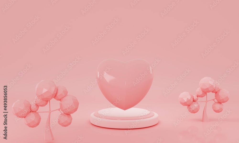 3D cartoon fantasy pink landscape. abstract background with trees and an empty podium. 3d render illustration