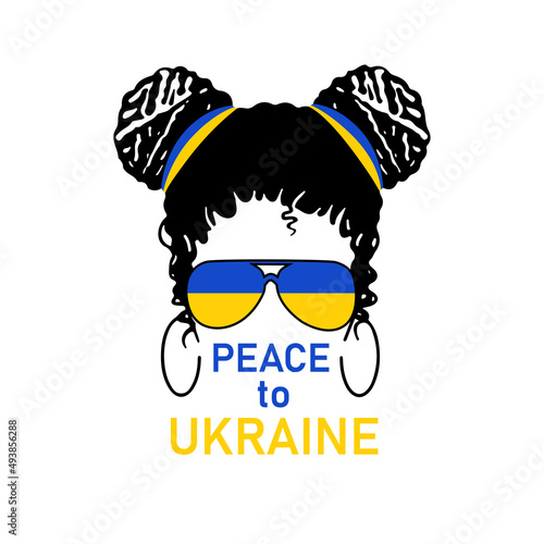 Peace to Ukraine quote beautiful woman with Ukraine colorful blue and yellow glasses, ribbon  isolated on white background. Vector flat illustration. Design for banner, poster, greeting card, flyer