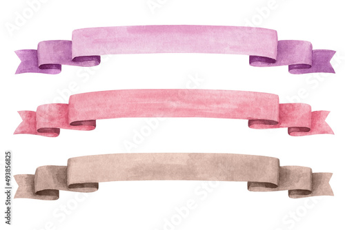 Painting on white background. Watercolor satin ribbon. Stripes or banners for text.