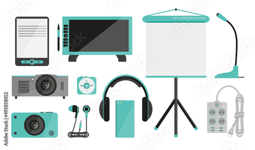 Smart gadget broadcast image music text flat set. Ebook camera headphone mp3 graphic tablet projector screen extension cord outlet microphone. Concept small modern appliances handheld isolated photo