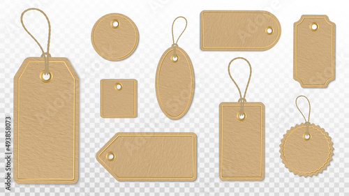 Sale tag labels vector set template. Brown cardboard tags for discount retail. Paper labels with golden frames and rope. Vector illustration