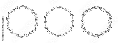 Set of spring floral wreaths isolated on white background. Round frames with flowers. Vector hand-drawn illustration in doodle style. Perfect for cards, invitations, decorations, logo, various designs #493858684