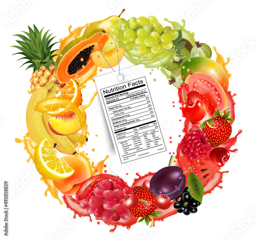 Fruit and berries in juice splash frame with a nutrition facts label. Strawberry, raspberry, blueberry, blackberry, orange, guava, watermelon, pineapple, mango. Vector
