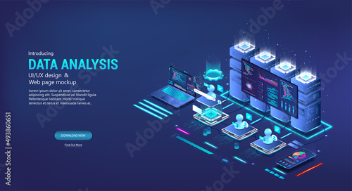 Data analysis and classification files in isometric data center. Servers with monitor and big data about system files. Isometric powerful computing computers for monitoring, classification and testing