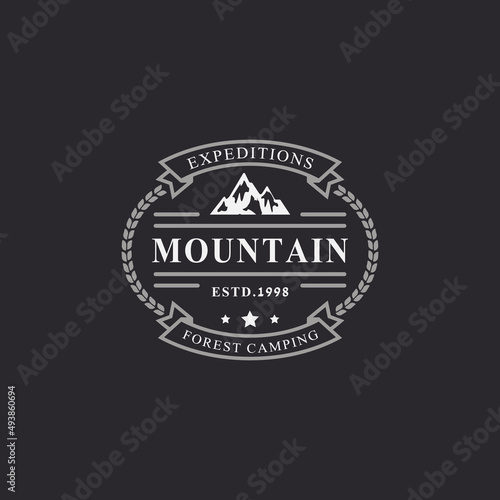 Vintage Retro Badge Camping Logo Design Element and Silhouettes Outdoor Adventure Mountains and Forest Camp Emblem Illustration