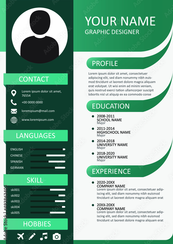 CV - Resume Template. Modern Clean Design, Green Color Background. A4 Paper  Size. Editable Vector. Suitable for Job Application Stock Vector | Adobe  Stock