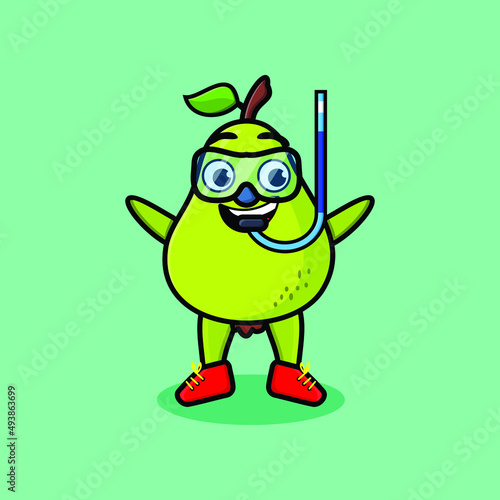 Cute cartoon pear fruit diver with swimming glass in 3d modern style design