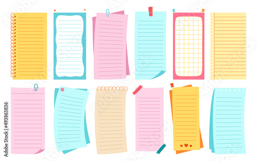 Planner paper sticky note flat set, note to do list, blank stickers templates organizer. Notebook elements of planning. Graphic notepad curled corners, push pins. Various scrapbook tag business label
