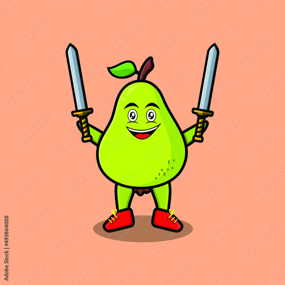 Cute cartoon Pear fruit character holding two sword in 3d modern design ...