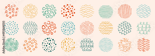 Round pattern abstract, doodle shapes background set. Brush hand drawn texture shapes, curves line, spots, painted drops. Design elements modern trendy natural form, stripes, stamp vector illustration