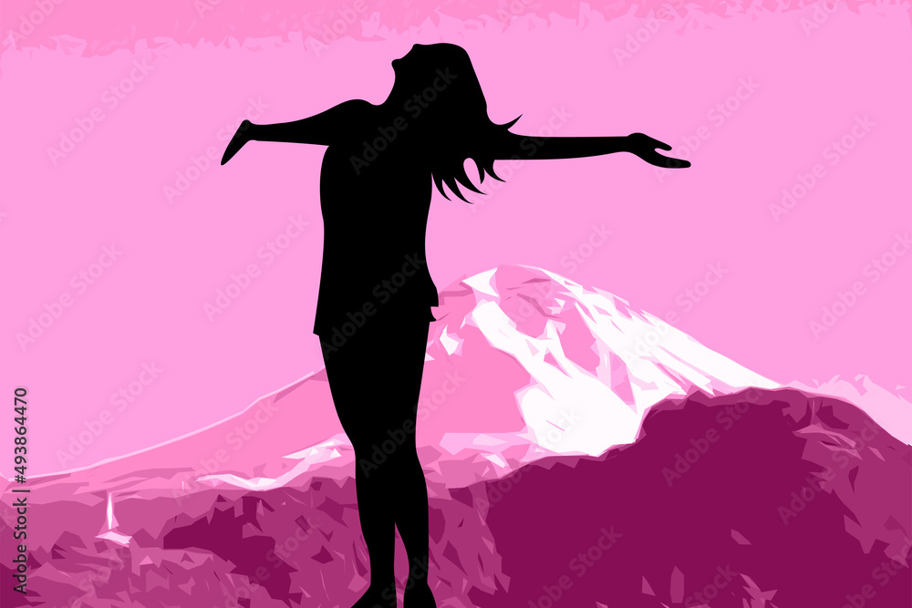 mujer victoriosa en la cima de una gran montaña