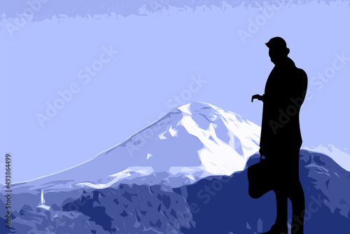 hombre de uniforme y maleta de la cima de un monte nevado  © Omar