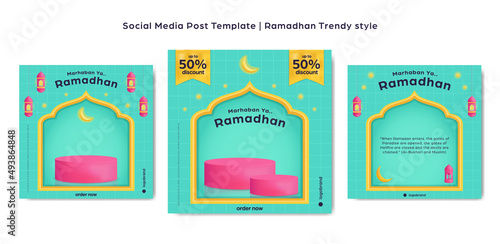blue trendy colorful instagram square post background islamic ramadhan template set for product sale promotion with 3d platform podium showcase display