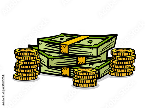 Sketch style doodle illustration of pile of money with coins