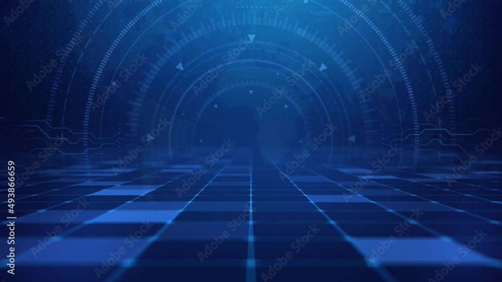 Blue tech digital background is a spectacular motion graphics background. Blue technology ground squares keep moving forward, HUD rotates background, technology big data future science.