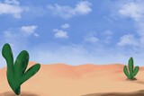 Sandy desert landscape colorful flat illustration. Empty valley with rocks, crags and green cactuses. Dry land with draughts and hot climate. beautiful panoramic view.